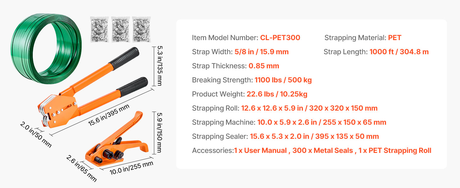 SucceBuy Manual Plastic Strapping Banding Machine Packing Strap Baler with Tension Tool 1000ft PET Band 300 Metal Seals Kit