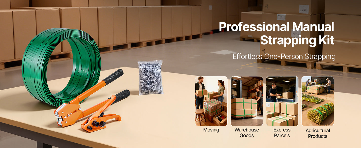 SucceBuy Manual Plastic Strapping Banding Machine Packing Strap Baler with Tension Tool 1000ft PET Band 300 Metal Seals Kit