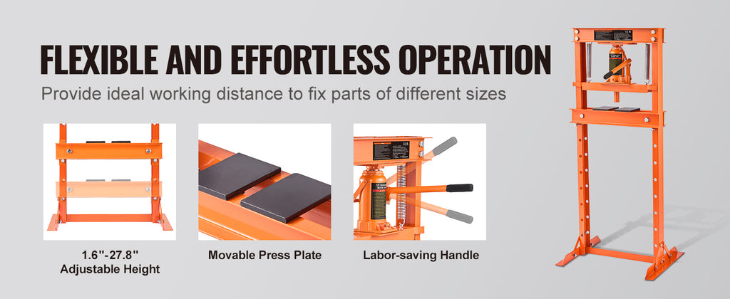 SucceBuy 6/12T Hydraulic H-Frame Garage Floor Adjustable Shop Press with Plates 6T/12T Orange for Garages or Professional Shop