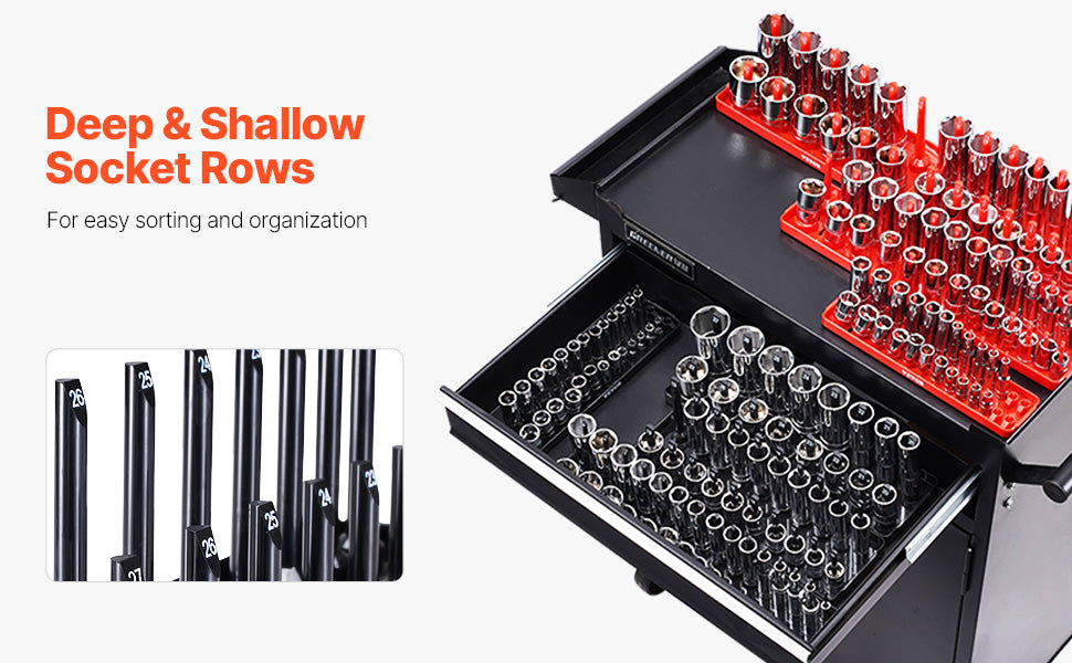 VEVOR 8PCS Socket Organizer Tray Set 1/4'' 3/8'' & 1/2'' Metric SAE Socket Holder up to 176PCS Standard & Deep Sockets for Tools