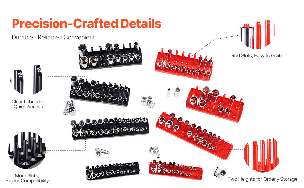 VEVOR 8PCS Socket Organizer Tray Set 1/4'' 3/8'' & 1/2'' Metric SAE Socket Holder up to 176PCS Standard & Deep Sockets for Tools