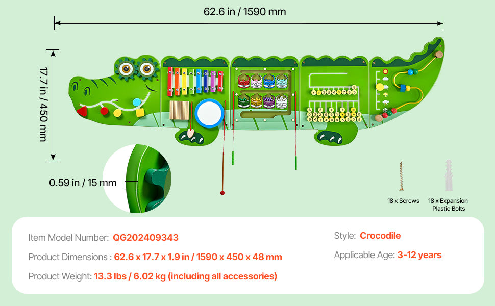 SucceBuy 9-Activities Crocodile Kids Busy Hanging Board Toy Montessori Early Learning Puzzle Decor Panels Toys for Children Gift