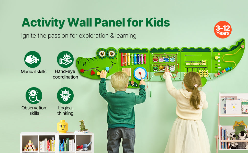 SucceBuy 9-Activities Crocodile Kids Busy Hanging Board Toy Montessori Early Learning Puzzle Decor Panels Toys for Children Gift