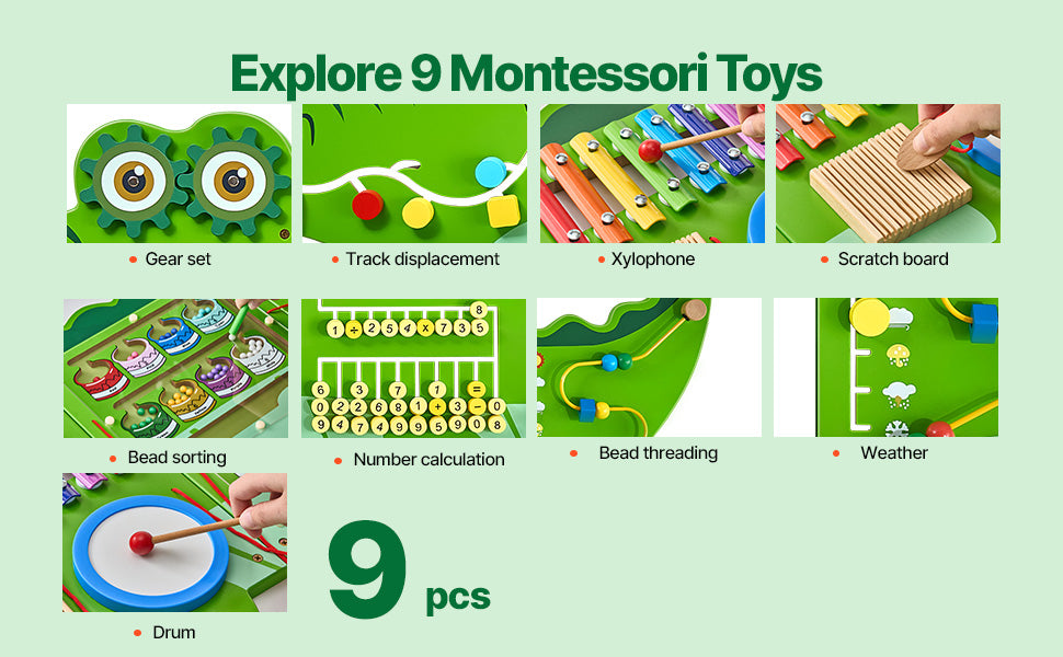 SucceBuy 9-Activities Crocodile Kids Busy Hanging Board Toy Montessori Early Learning Puzzle Decor Panels Toys for Children Gift