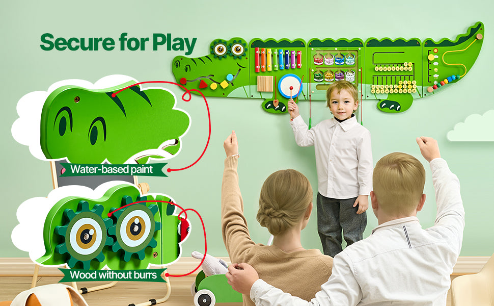 SucceBuy 9-Activities Crocodile Kids Busy Hanging Board Toy Montessori Early Learning Puzzle Decor Panels Toys for Children Gift